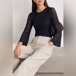 Sea New York Navy Lace Blouse Bell Sleeve Sheer Floral Top Size 4